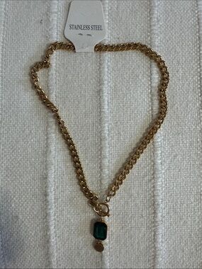 Gold-Tone Chain Necklace with Emerald Green Pendant